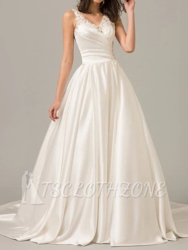 A-Line Wedding Dress V-neck Polyester Sleeveless Bridal Gowns Formal Plus Size with Sweep Train