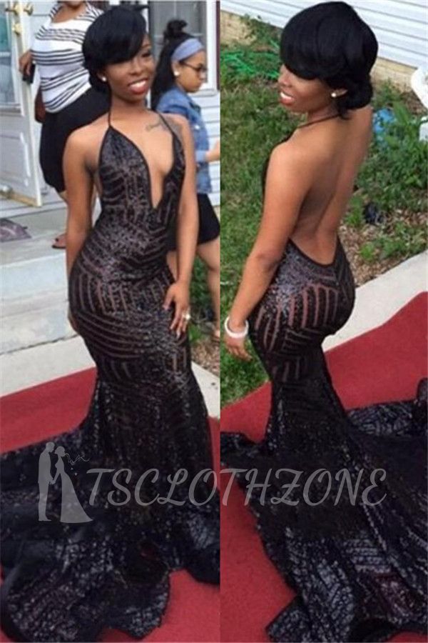 Sexy Black Mermaid Sequined Prom Dresses 2022 Backless V-Neck Evening Gowns