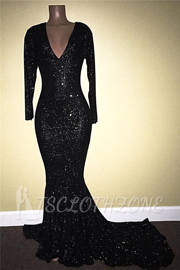 Long Sleeve Black Sequins Prom Dress Sheath V-neck Long Sleeve Shiny Evening Gown with Long Train