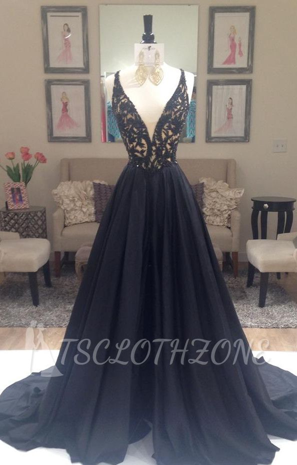Applique Long Black V-Neck Sleeveless Gorgeous A-Line Evening Dresses 2022