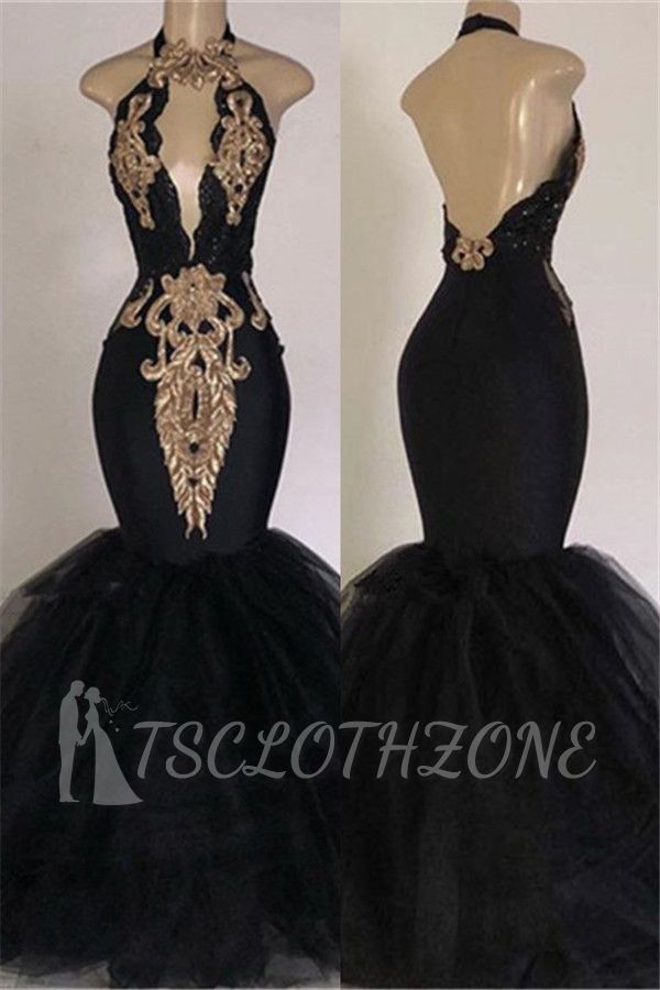 Sexy Backless Prom Dresses with Gold Appliques | Mermaid Halter Evening Gowns with Keyhole