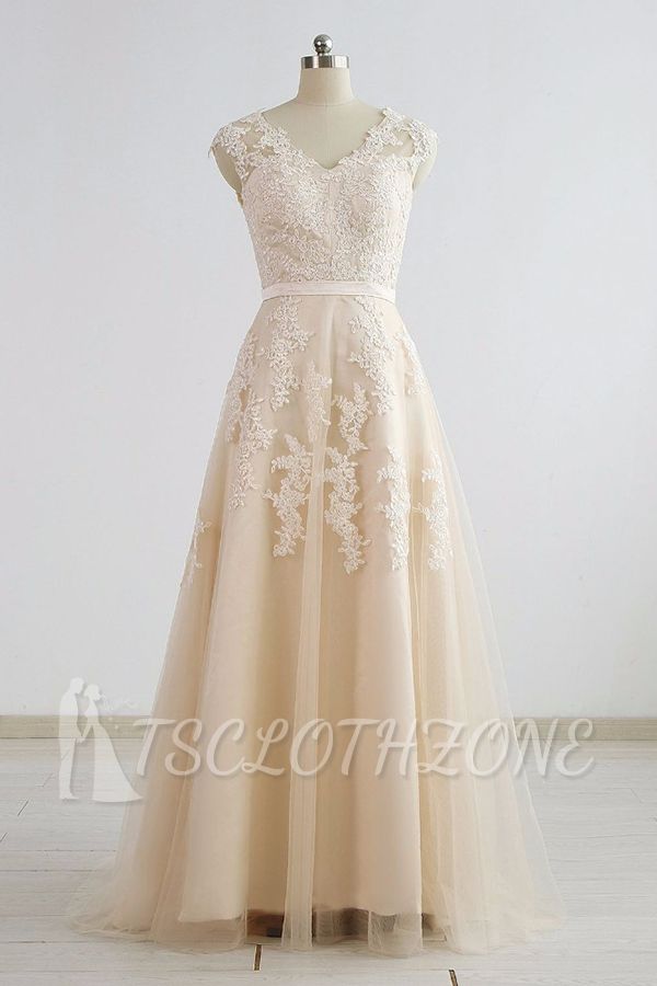 Stylish Straps Sleeveless Champagne Wedding Dress | A-line Lace Bridal Gowns