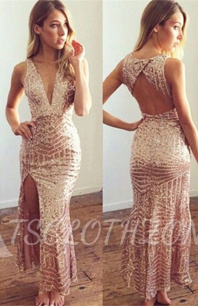 2022 Geometric Sequin Long Party Dress V-neck Open Back Evening Gowns with Split