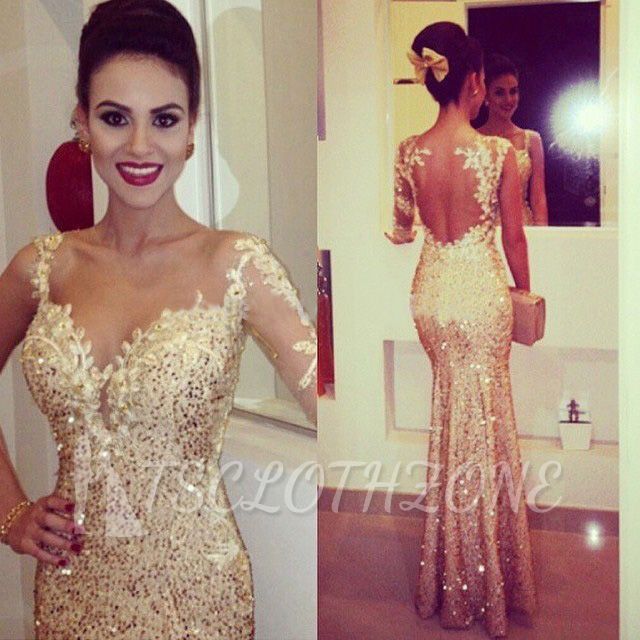 Gold Sequined Open Back Trumpet Prom Dresses with One Shoulder Appliques 2022 Long Evening Dresses