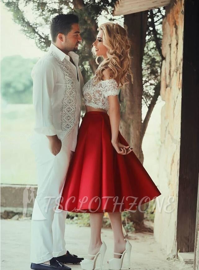 Bright Red Two Piece Evening Dresses 2022 Satin White Lace Prom Dress