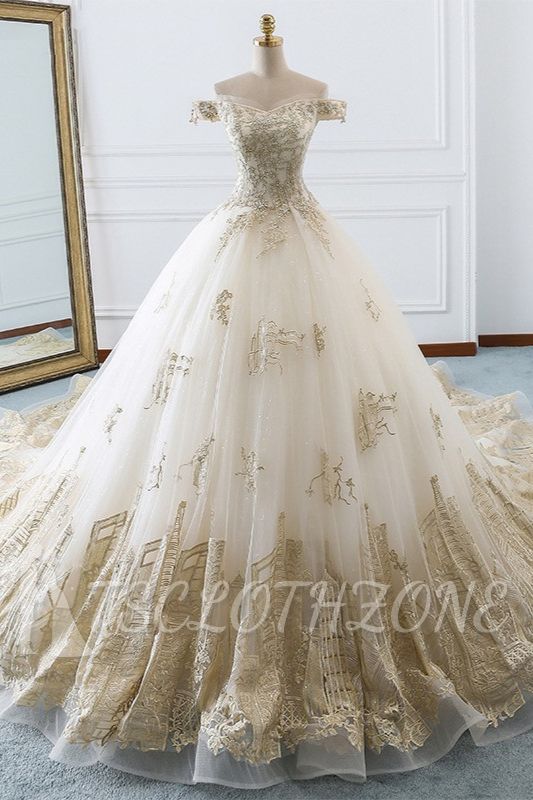 TsClothzone Chic Off-the-Shoulder White Tulle Wedding Dress Sweetheart Sleeveless Champagne Appliques Bridal Gowns Online