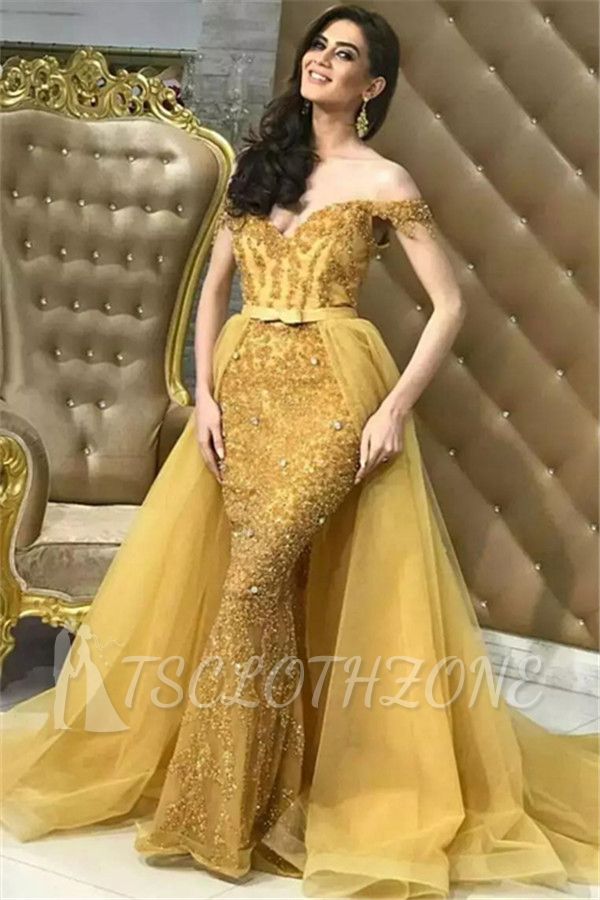 2022 Gold Schulterfrei Meerjungfrau Sexy Abendkleider | Überrock Spitze Tüll Günstige Brautjungfernkleider Online