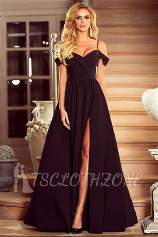 Spaghetti Straps Black Formal Dresses Cheap 2022 Sexy Split Long Evening Gown
