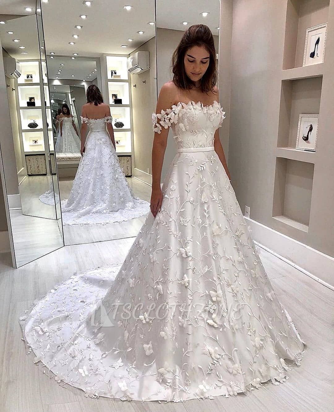 Elegant White Strapless Off-the-shoulder Court Train Princess Wedding Dress