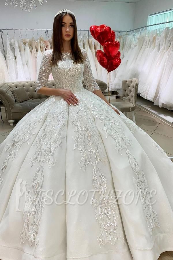 Gorgeous Half Sleeves Satin Lace Appliques Ball Gown  Wedding Dress