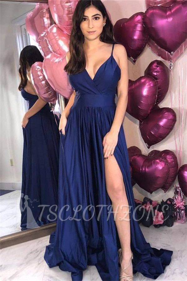 Sexy Navy Blue Backless Simple Evening Dresses | Spaghetti Straps Prom Dresses Online with sexy high Split