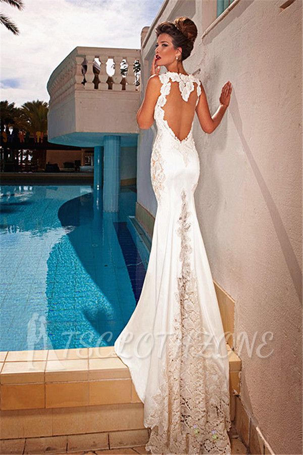 Spaghetti Straps Mermaid Lace Wedding Dresses 2022 Open Back Sweep Train Bridal Gowns