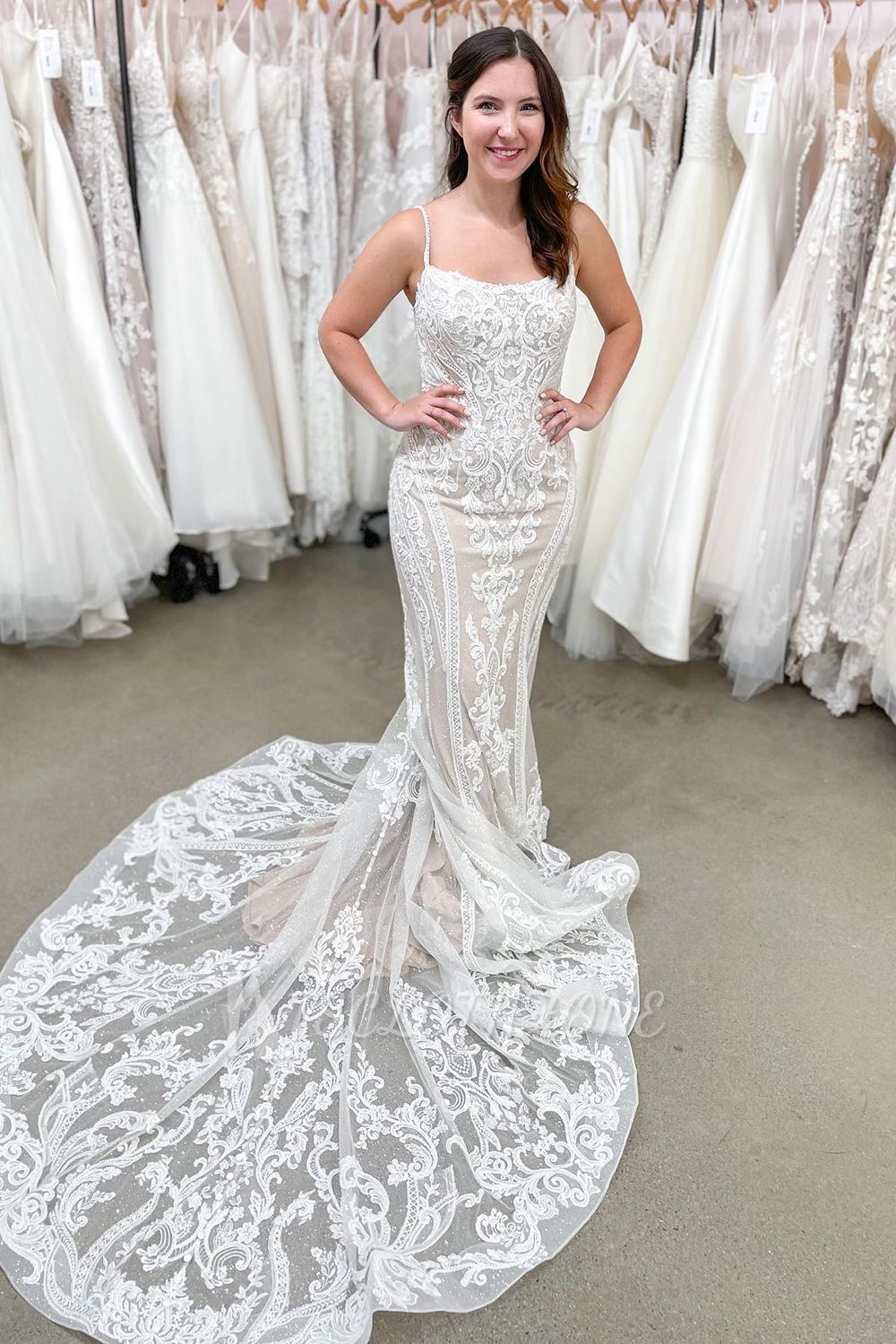 Long Mermaid Spaghetti Straps Backless Appliques Lace Floor-length Wedding Dress