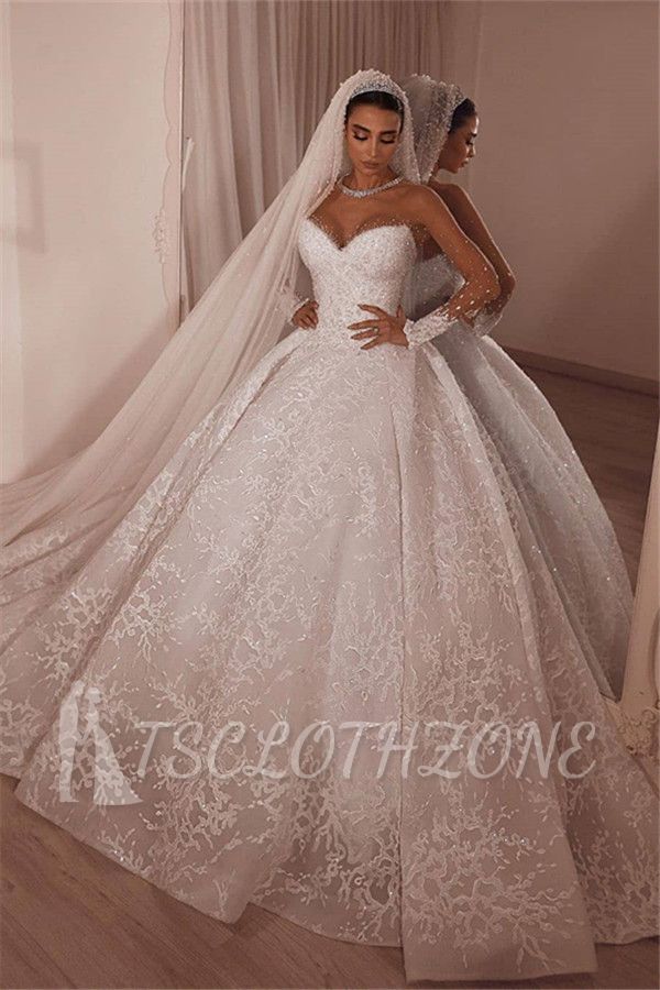 Luxury Strapless Beading Appliques Wedding Dress| Lace Sheer Tulle Bridal Dresses