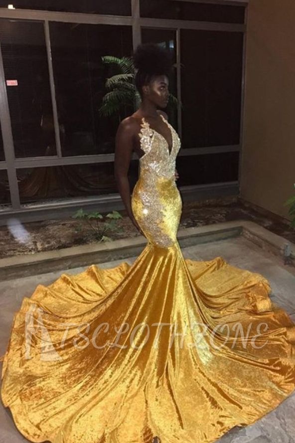 Elegant V-Neck Sleeveless Mermaid Appliques Yellow Prom Dress
