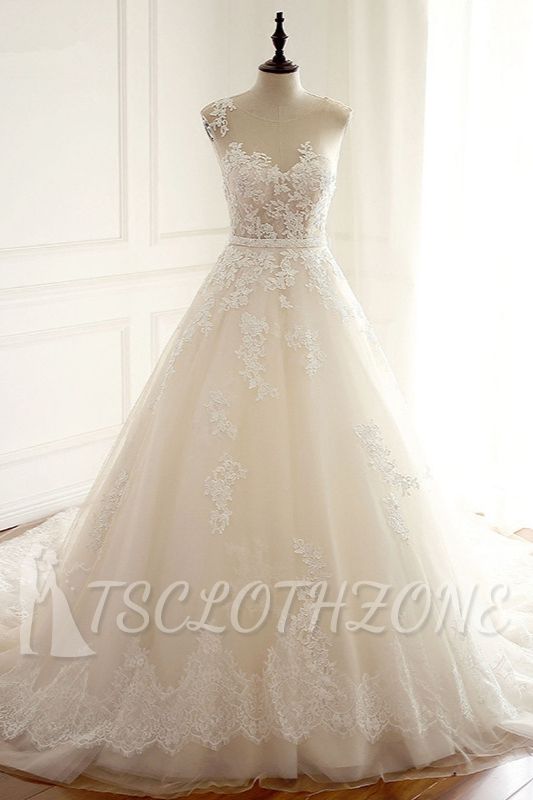 TsClothzone Stylish Jewel A-Line Tulle Ivory Wedding Dress Appliques Sleeveless Bridal Gowns with Beading Sash Online