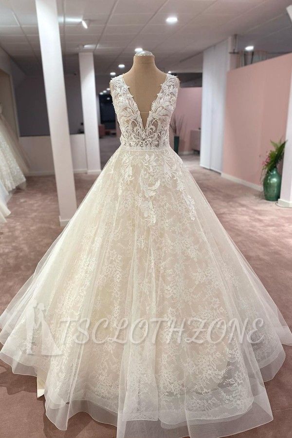 Stylish Deep V-neck Floral A-line Wedding Gown