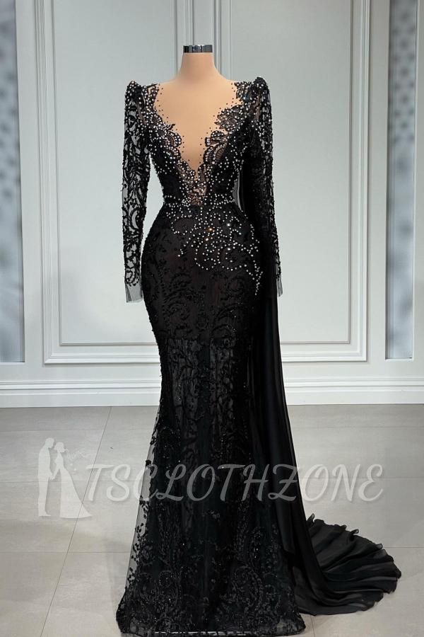 Elegante Abendkleider mit Ärmeln | Abschlussballkleider aus schwarzer Spitze