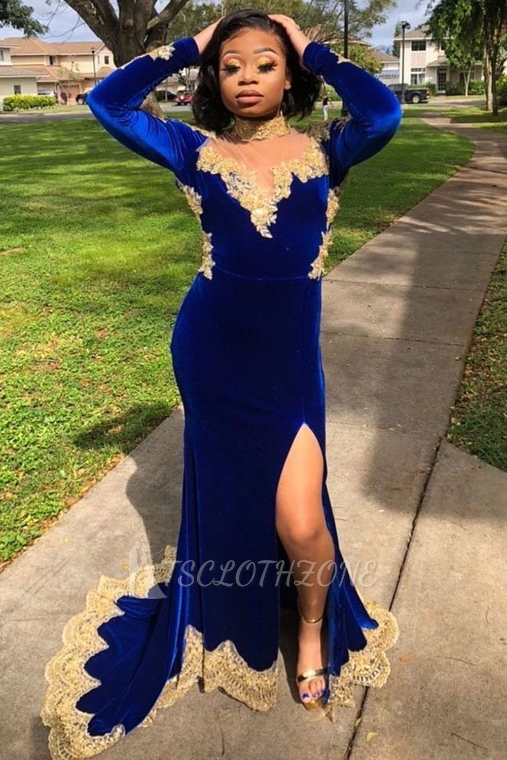 Velvet Long Sleeve Mermaid Evening Gowns Side Split Gold Apliques Prom Dress Royal Blue
