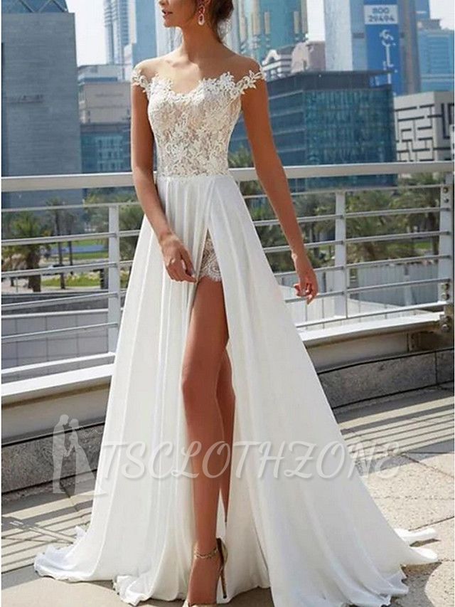 Boho A-Line Wedding Dress Off Shoulder Lace Satin Cap Sleeve Formal Plus Size Bridal Gowns Sweep Train