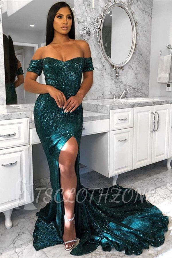 Off The Shoulder Shiny Sequins Evening Dress | Sexy Slit Prom Dresses 2022 with Court Train
