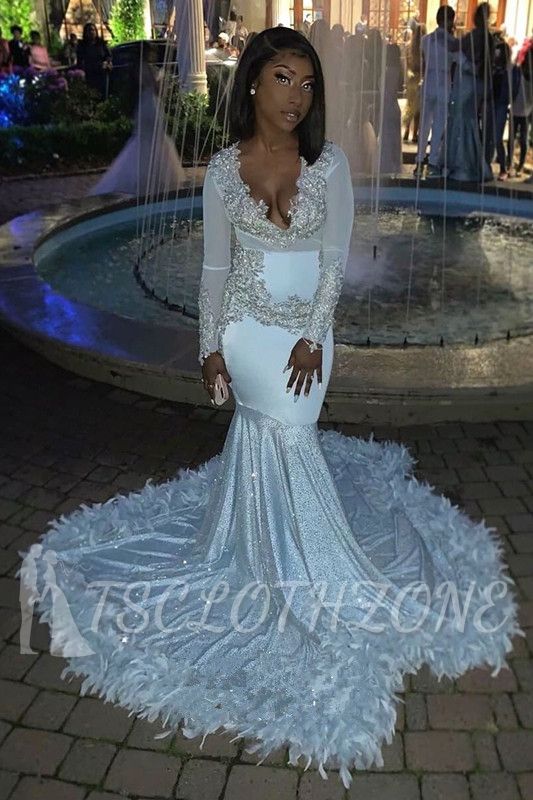 Sparkle Mermaid V-neck Luxury Feather Long Prom Dresses
