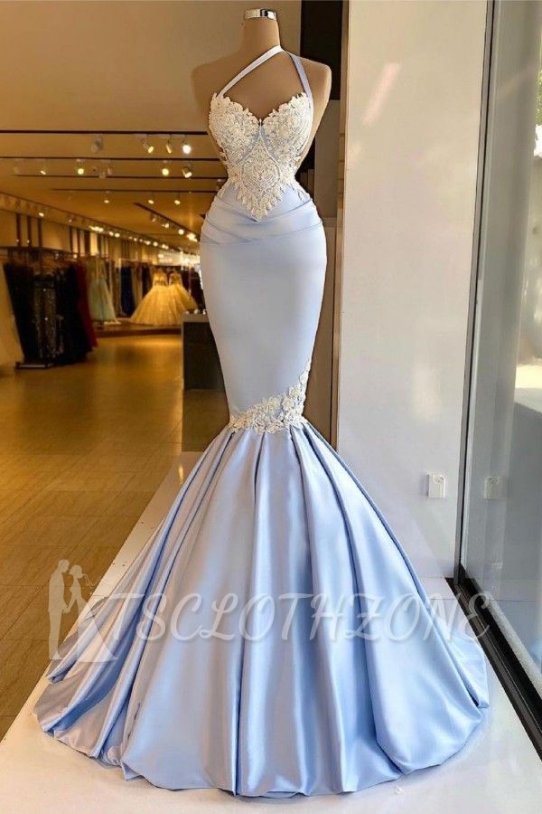 Spaghetti Strap Mermaid Satin Floral Lace Ball Gown Prom Dress