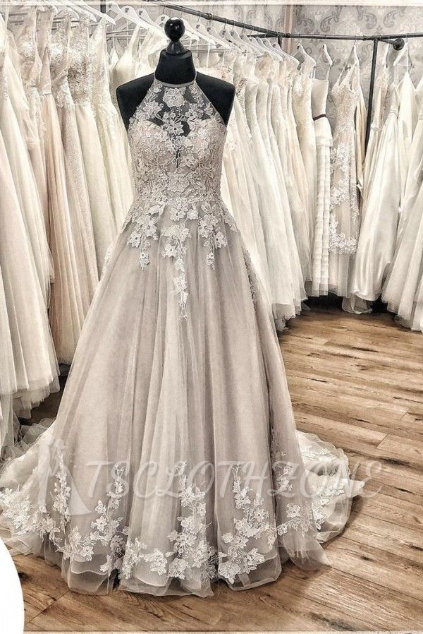 Halter Tulle Floral Lace A-line Wedding Reception Dress