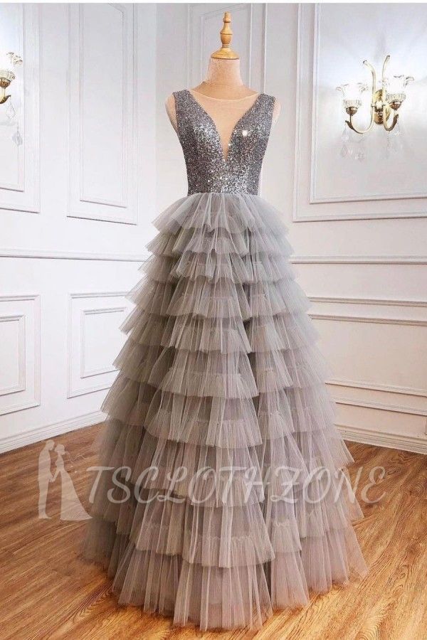 Charming Shinny Sequins V-Neck Tulle Layers Evening Dress Sleeveless