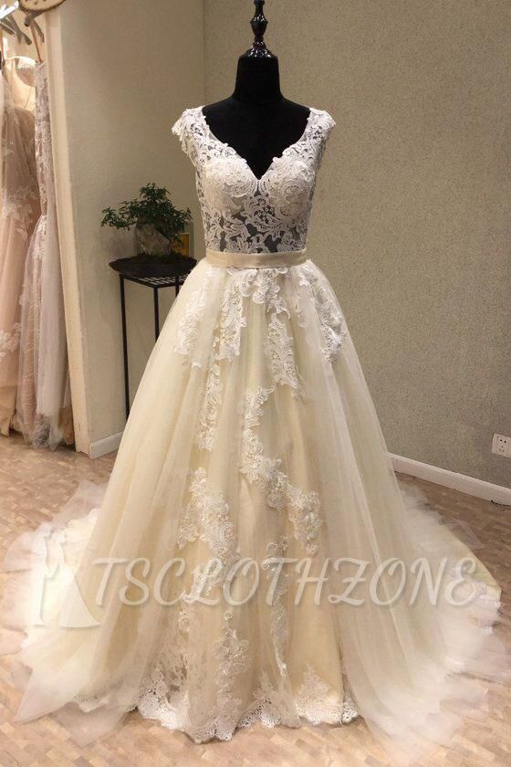 TsClothzone Chic Ivory Tulle Lace V-Neck Long Wedding Dress Cap Sleeve Ivory Bridal Gowns On Sale