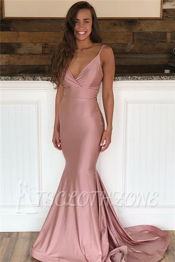 Pink Spaghetti-Straps V-Neck Backless Mermaid Prom Dresses
