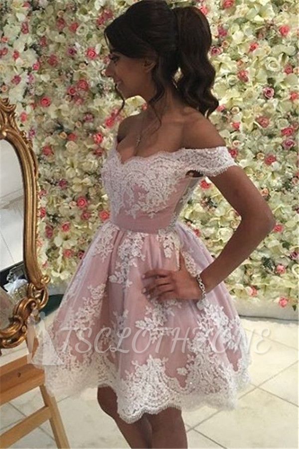 A-Line Appliques Pink Short Party Dress Mini Off The Shoulder Lace Homecoming Dress