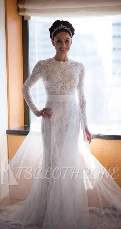 Latest High Collar Long Sleeve Wedding Dress with Beadings Lace Sweep Train 2022 Bridal Gown