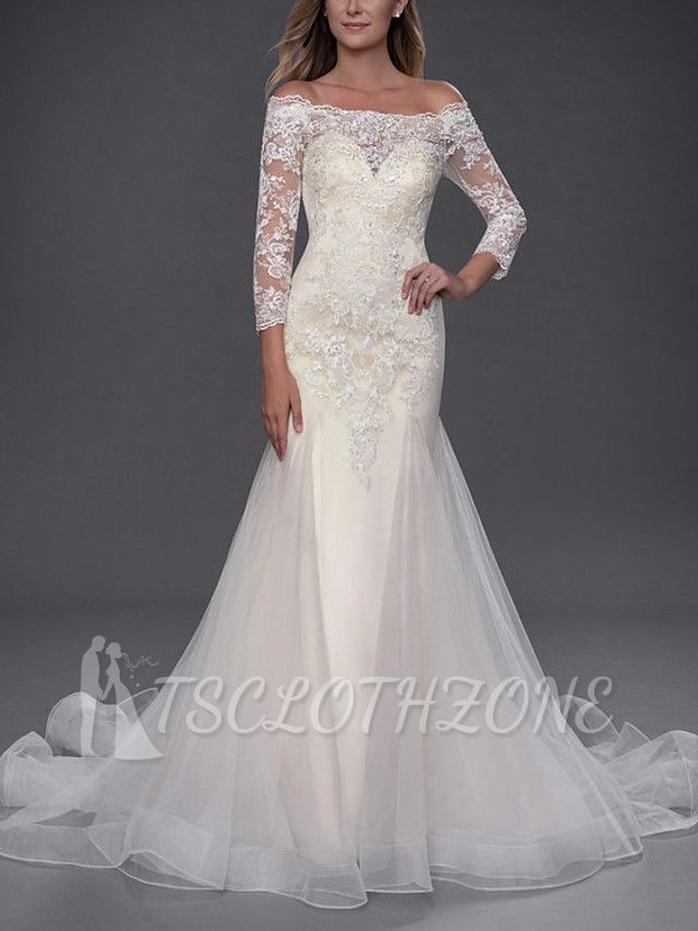 Mermaid Wedding Dress Off Shoulder Lace Tulle 3/4 Length Sleeve Bridal Gowns Simple with Chapel Train