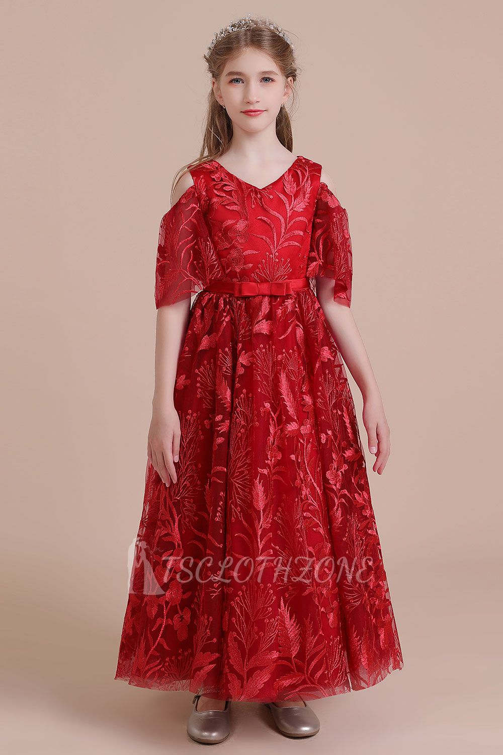Simple A-line Cold-shoulder Flower Girl Dress | V-neck Tulle Little Girls Dress for Wedding