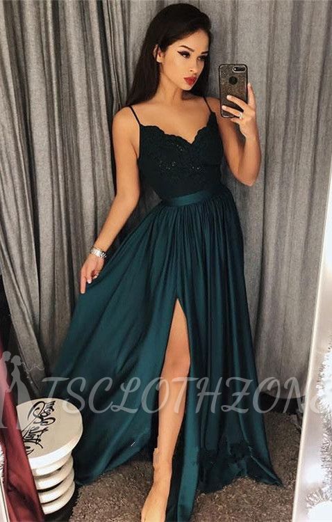 Dark-Green Spaghetti-Straps Prom Dress | Lace Evening Gowns With Slit