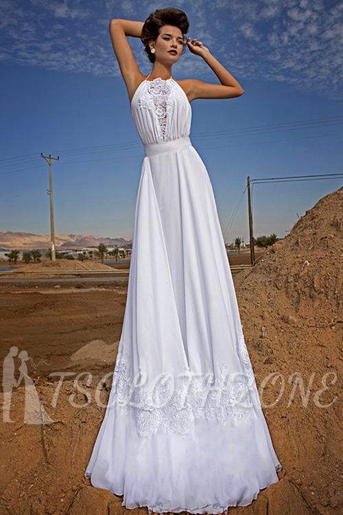 Halter White Chiffon Beach Bridal Dresses 2022 Waistband Applique Wedding Dresses