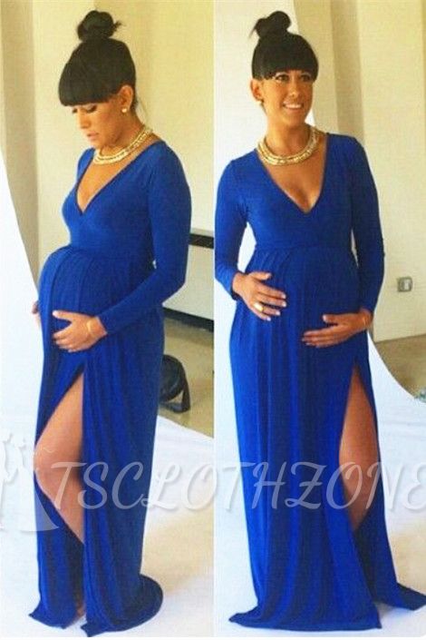 Latest Sexy Maternity Dresses Spandex V-neck Royal Blue Baby Shower Long Sleeve Pregnant Dresses