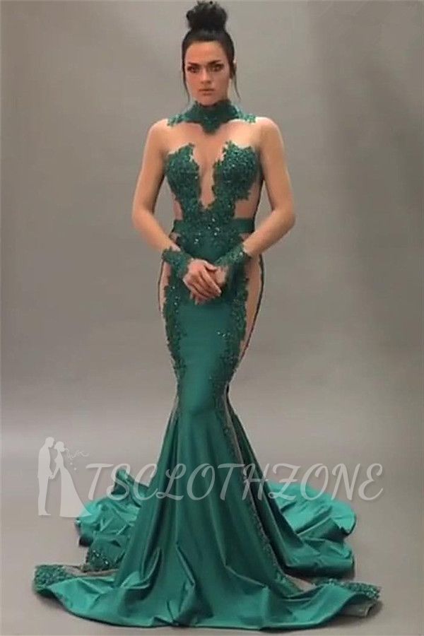 Nude Tulle Beaded Lace Sexy Prom Dresses | 2022 Long Sleeve Green Cheap Evening Gown