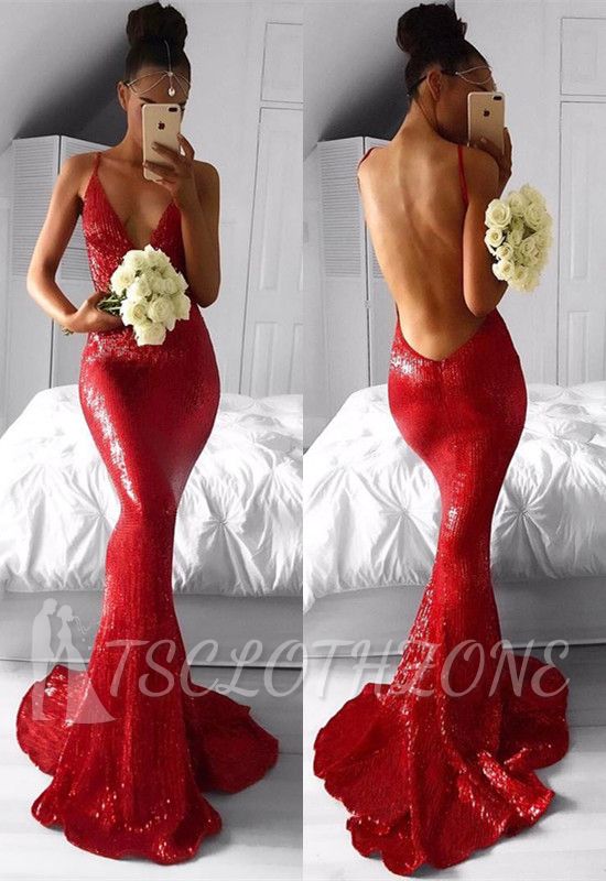 Sexy Red Pailletten Abendkleid Backless Mermaid Long Party Kleider BA7966