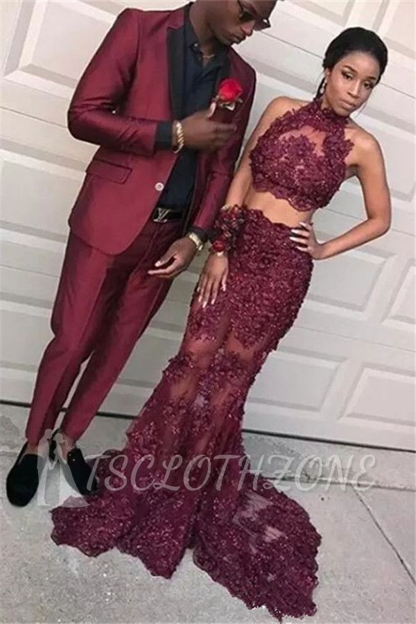 Burgundy Two Pieces Tulle Appliques Prom Dresses 2022 Mermaid Sleeveless Evening Dresses