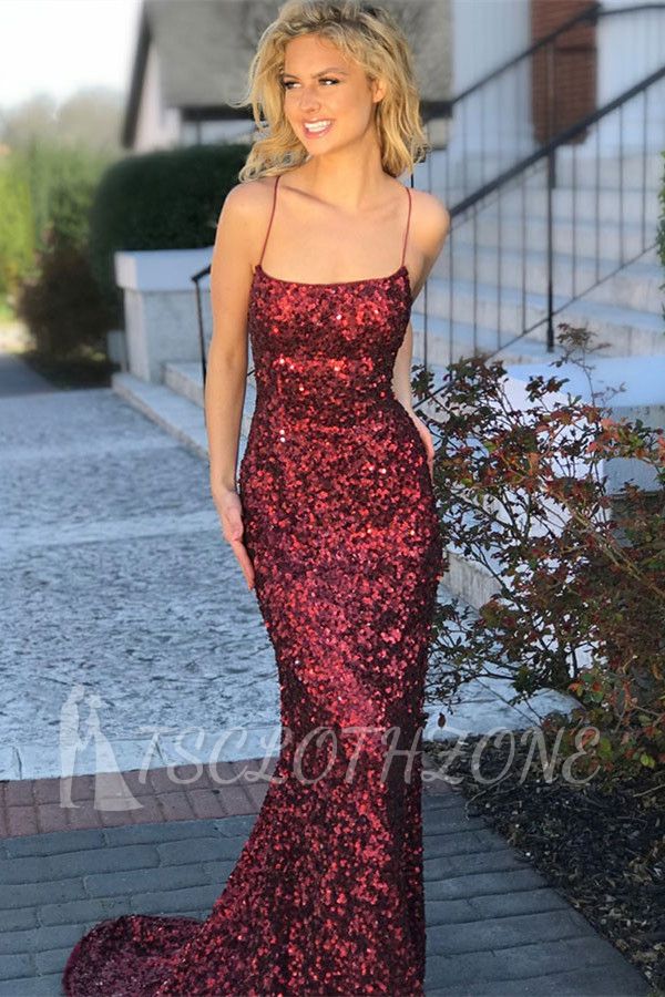 2022 Long Red Sequins Evening Dresses | Open Back Sheath Sleeveless Prom Dresses Cheap