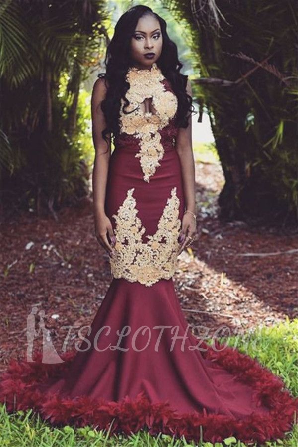 Luxury Burgundy Feather Prom Dresses Online | Sleeveless Mermaid High Neck Lace Long Evening Dress