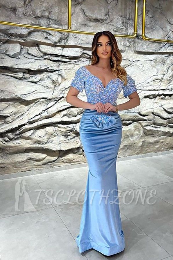 Sky Blue Long Sequined Sleeve Velvet Ball Gown Evening Dress