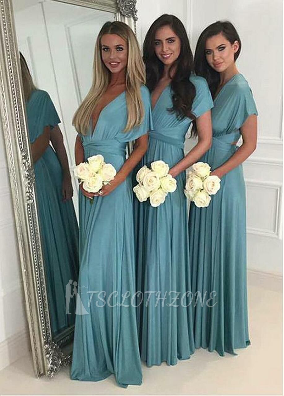 Blaues Brautjungfernkleid in A-Linie mit V-Ausschnitt aus Spandex in voller Länge
