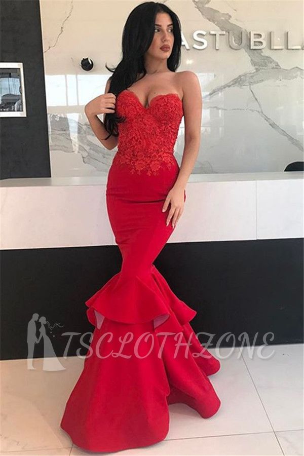 Red Sweetheart Lace Mermaid Evening Dresses Online | 2022 Tiered Floor Length Prom Dresses