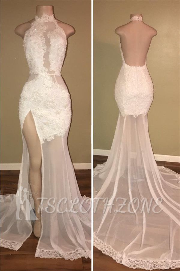 High Neck Sexy Side Slit Lace Prom Dresses Backless Sheer Tulle 2022 Evening Gown