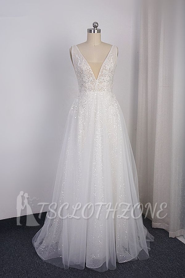 TsClothzone Sparkly Sequined V-Neck Wedding Dress Tulle Sleeveless Beadings Bridal Gowns On Sale