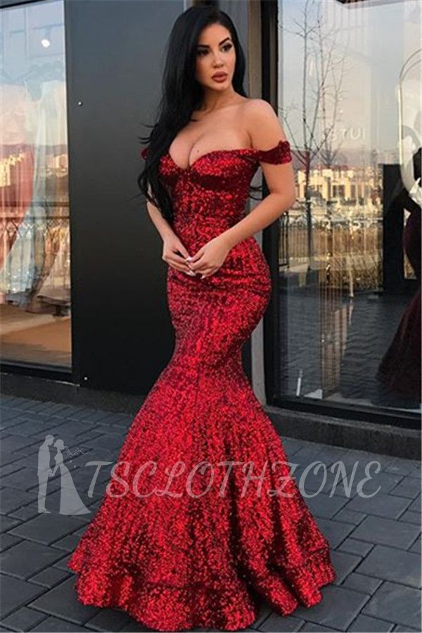 Sparkly Red Sequined Off Shoulder Evening Dresses | 2022 Mermaid Floor Length Prom Dresses