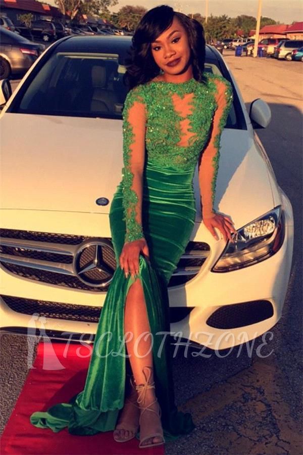Gorgeous Green Long-Sleeve Lace Appliques Split Mermaid Prom Dress
